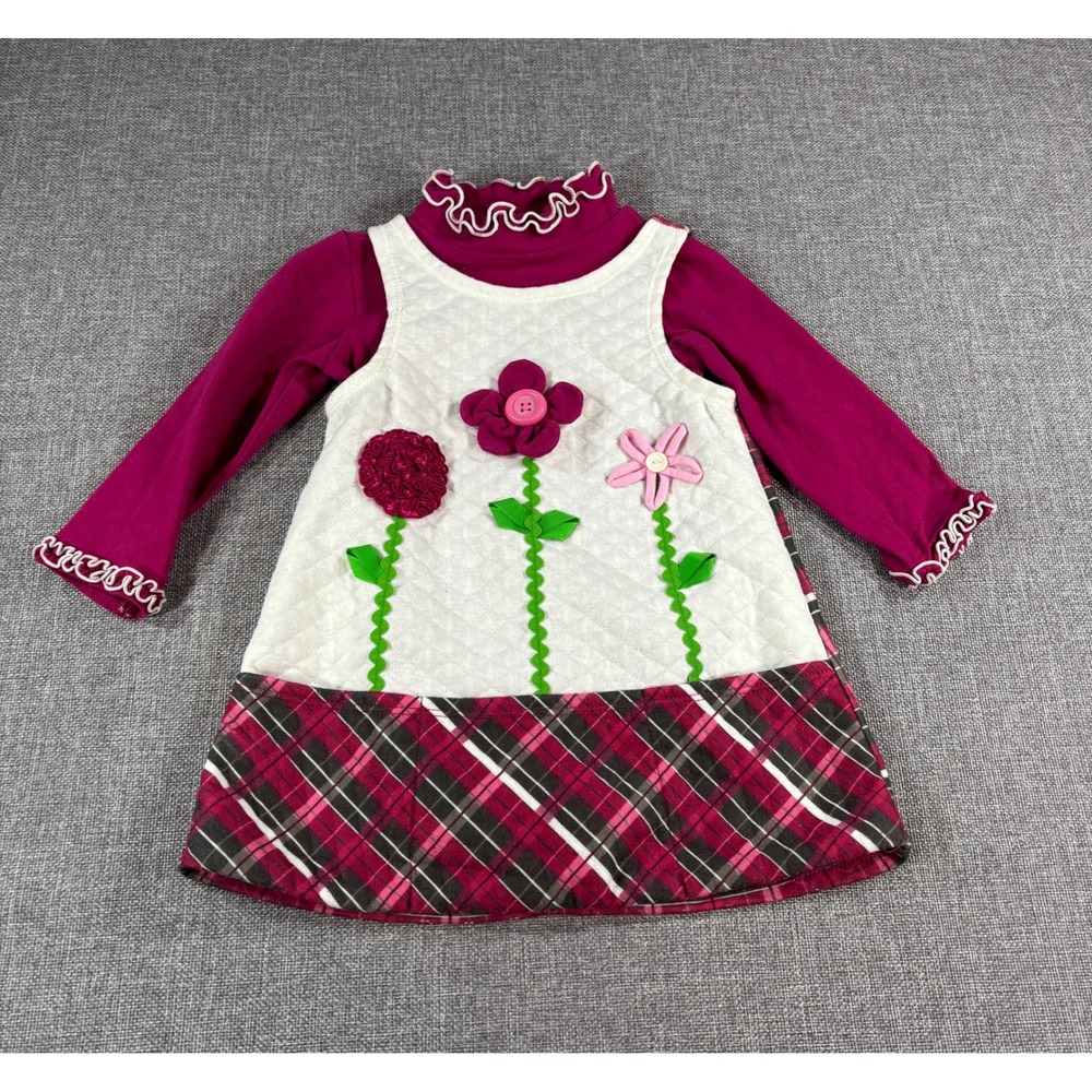 Bonnie Baby‎ Girls Floral Plaid Quilted Jumper Dress Set Fall 18M Magenta Ruffle